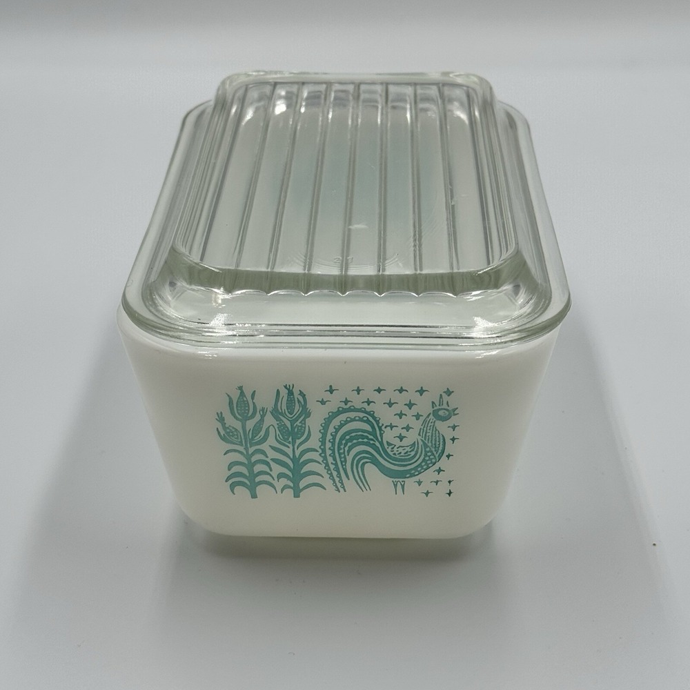 VTG PYREX 0502 TURQUOISE 1 1/2 PT AMISH BUTTERPRINT REFRIGERATOR DISH w/LID